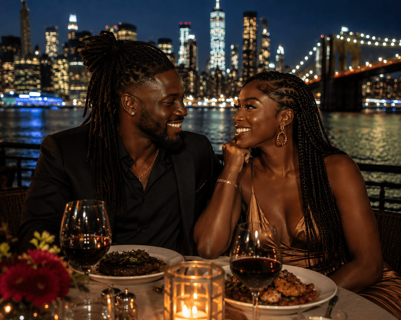 Naïka and Kofi smiling together at a refined waterfront dinner.